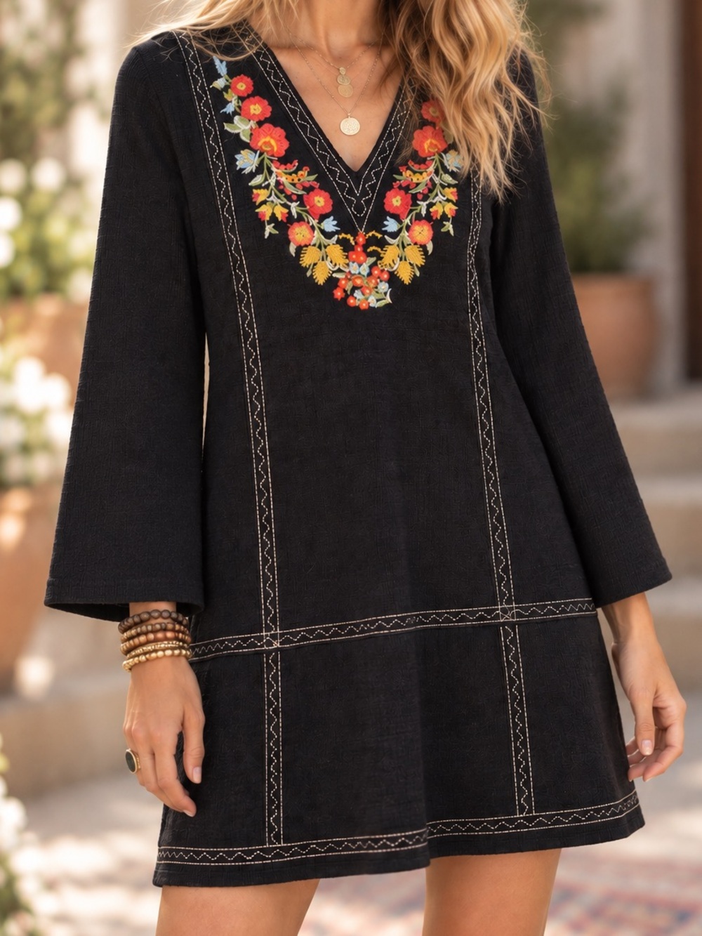 THML Sz S Black Colorful Embroidered Mini Dress Floral Boho V Neck Shift